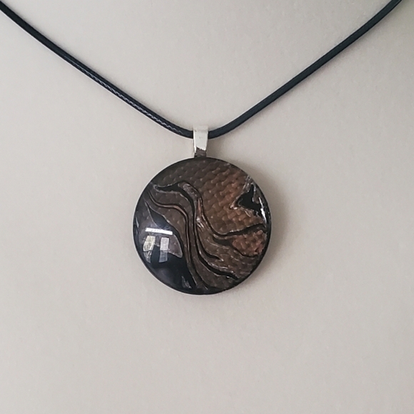 Handmade Black and Brown Abract Swirl Pendant Necklace - Picture 2 of 11